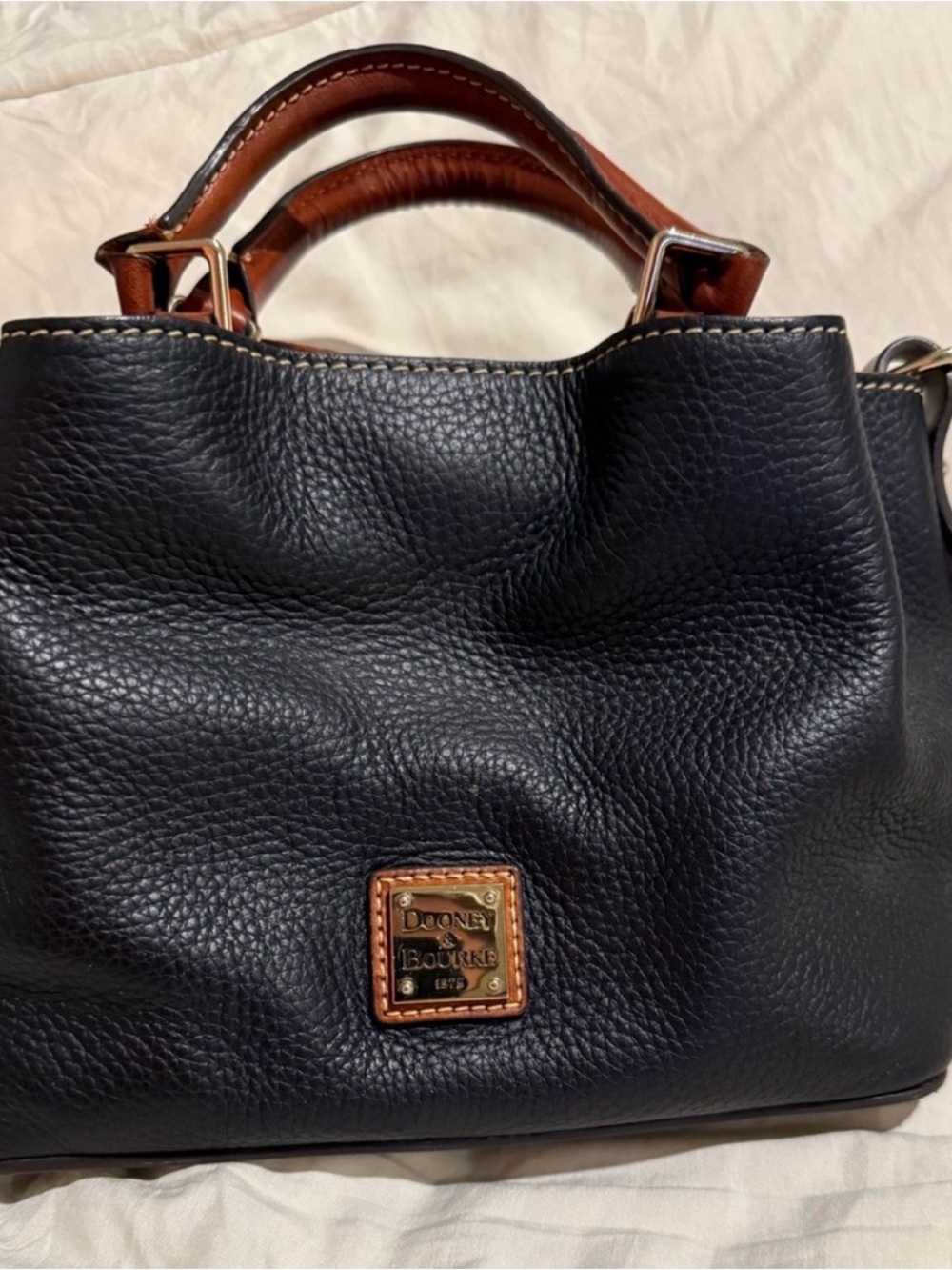 Dooney & Bourke Black Pebble Leather Satchel Handbag Brown Trim - Picture 2 of 13